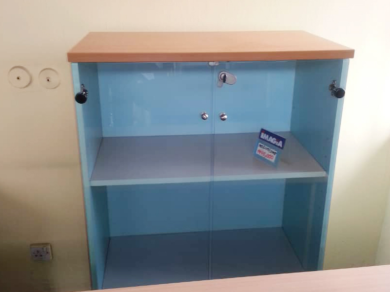 Brown and Blue Storage with Glass