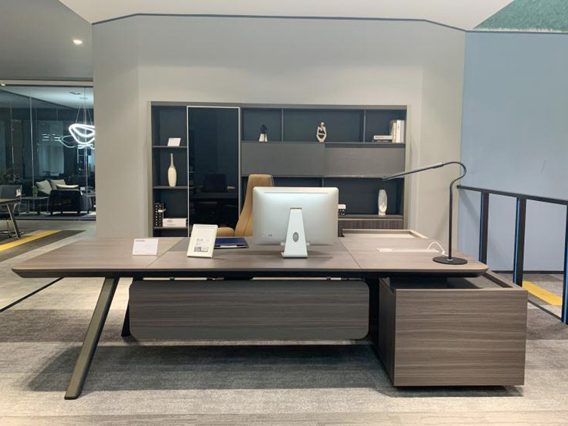 Brown Executive Table with Side Console and Cabinet
