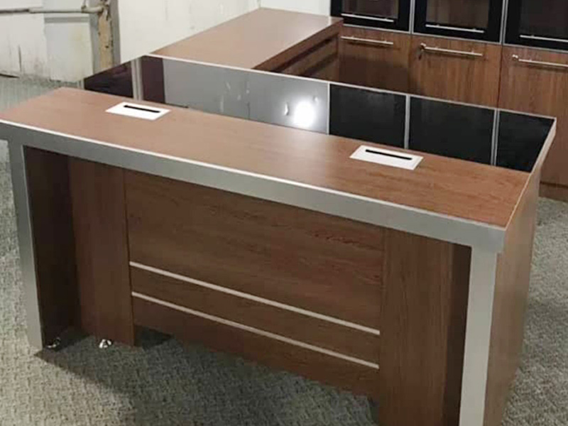 Brown and Glass Top Executive Table with Side Console
