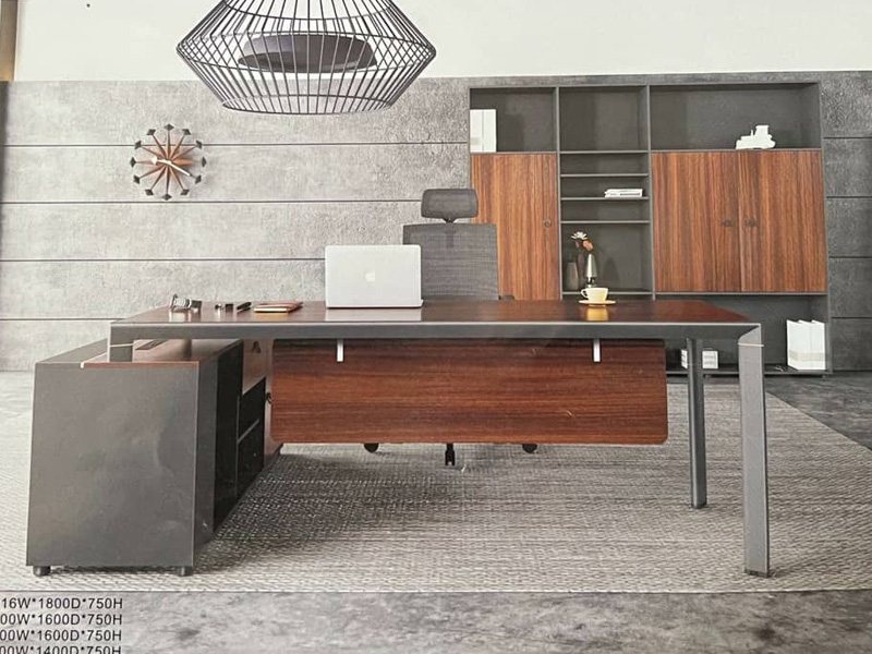 Brown and Gray with Metal Frame Executive Table with Cabinet