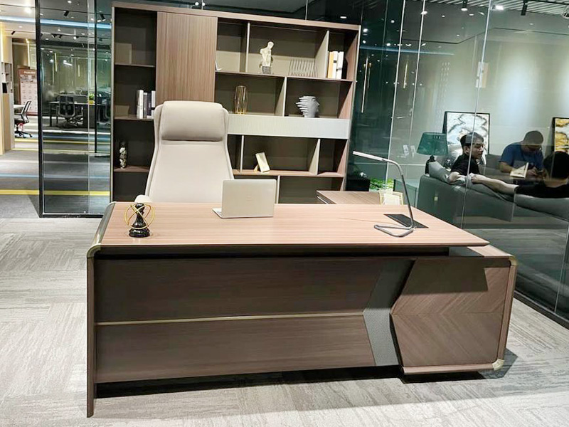 Brown Top Executive Table with Side Console and Cabinet