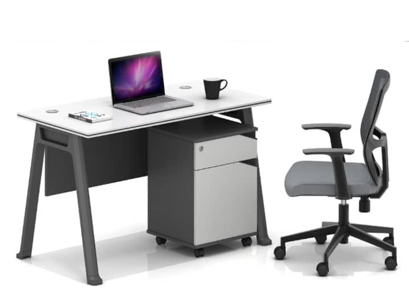 Gray and White Office Table with Mobile Drawer